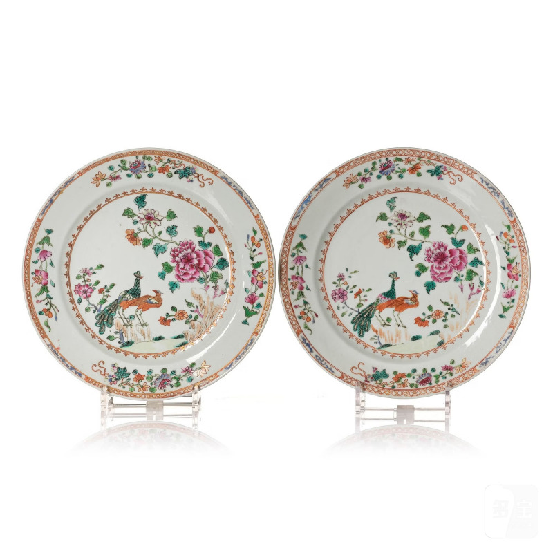 A pair of 'double peacock' famille rose serving dishes,